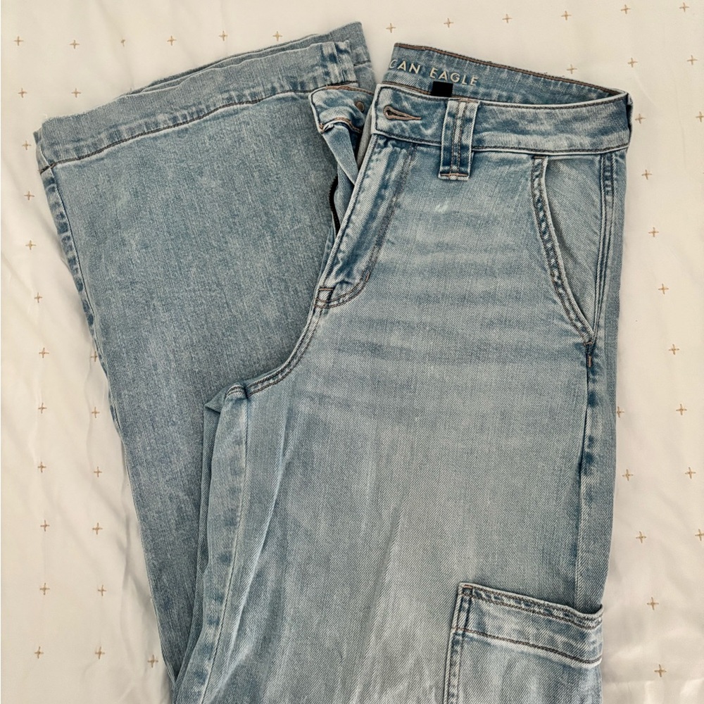 American Eagle Outfitters Light Blue Super High-Rise Baggy Wide Leg Cargo Jeans